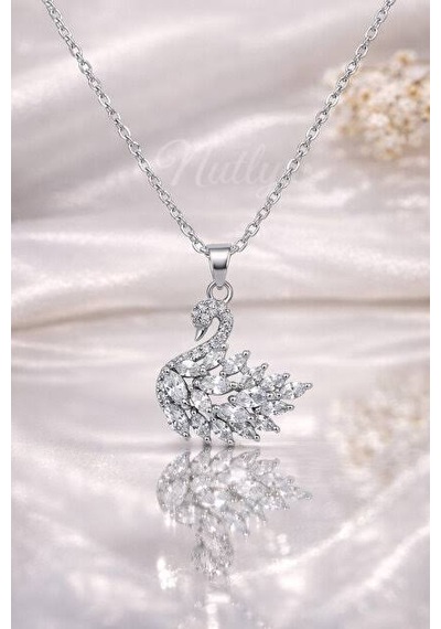Stainless Steel Kuğu Model Beyaz Zirkon Taşlı Çelik Kolye Silver