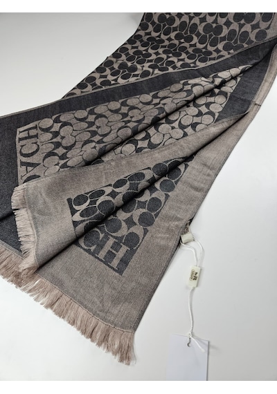 Miorel Scarfs C Desen Çift Taraflı Kaşmir İpek Şal 4 Mevsim Pamuk Şal Antrasit - Bej