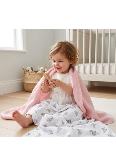 % 100 Pamuk 3'lü Müslin Bebek Örtüsü Iconıque Lapin & Petits Canetons & Innocent Pink 100x100 Throw3pack1004