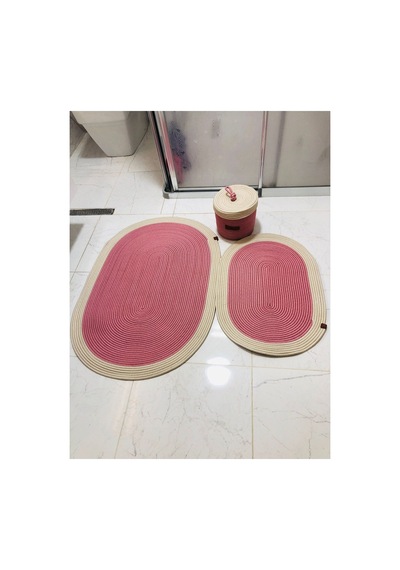 Jüt,hasır, 3 Lü Banyo Paspas Takımı, Bohem Tarzı Banyo Takımı,iskandinav Paspas/sepet Pembe Pembe