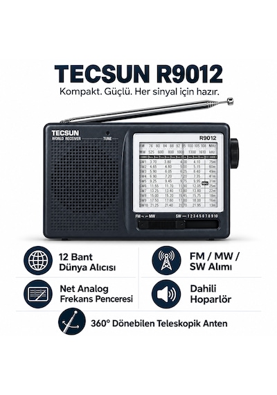 Tecsun R-9012 Pilli 12 Bant Dünya Radyosu Fm Mw Sw Kısa Dalga Analog Cep Radyosu Teleskopik Antenli