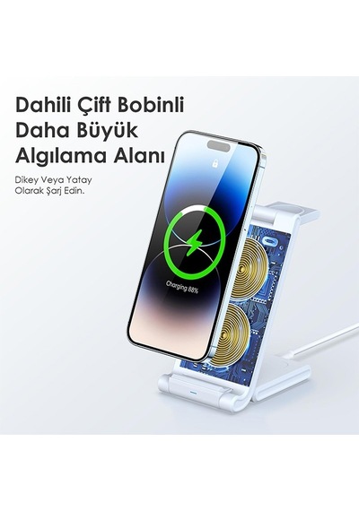 Duzzona 15w Katlanır 3 İn 1 Telefon Kulaklık Saat Kablosuz Şarj