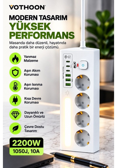 Çoklu Gece Lambalı Üçgen Priz Akım Korumalı 4 Lü Priz 3xusb 3xtype-c Çıkışlı Grup Priz Beyaz Diğer
