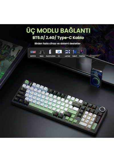 Aula F99 Pro 3 Modlu Rgb Hot Swap Mekanik Star Vector Switch Kablosuz Makrolu Klavye Yesil