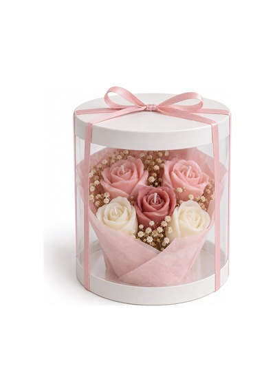 Mini Gül Mum Buketi Şeffaf Kutu 5'li Pembe
