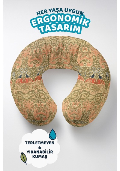 Vintage Kuş Motifli Ergonomik Boyun Yastığı - Doğal Desenli Zeytin Yeşili Turuncu Seyahat Yastığı Mat Taş Amber