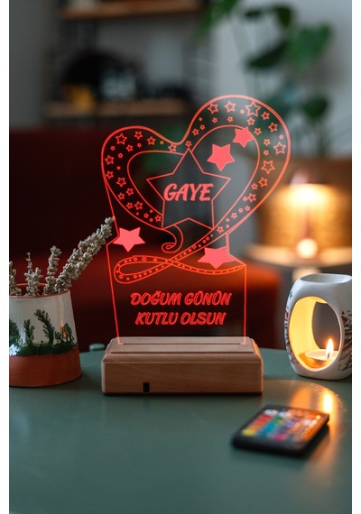 Kişiye Özel Doğum Günü Hediyesi Kalp Ve Yıldızlar 3D Led Lamba