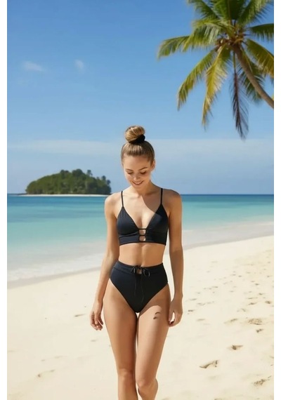 Kadın Siyah Yüksek Bel Toparlayıcı Bikini Takımı
