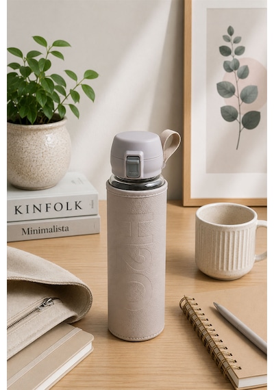 H2o Pastel Renk Kılıflı Kilit Kapaklı 500 Ml Cam Matara Sızdırmaz Ofis Ve Spor İçin Koruyucu Kılıflı Cam Suluk Bej