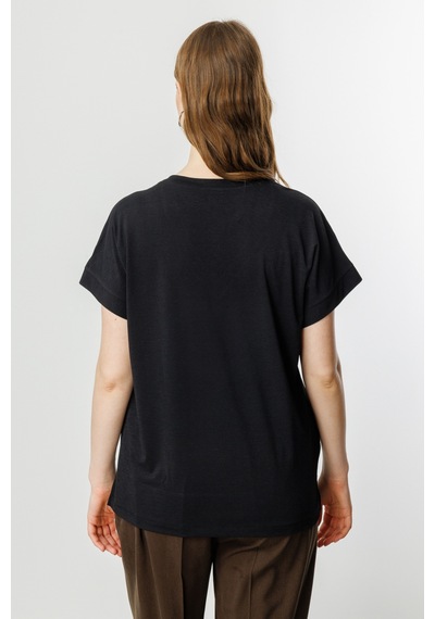 On Kadın Büyük Beden V Yaka Parçalı T-shirt 71476 Siyah