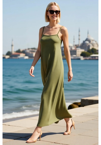 Benerly Kadın Büyük Beden Kolsuz A-line Maxi Elbise İnce Askılı Kare Yaka Haki