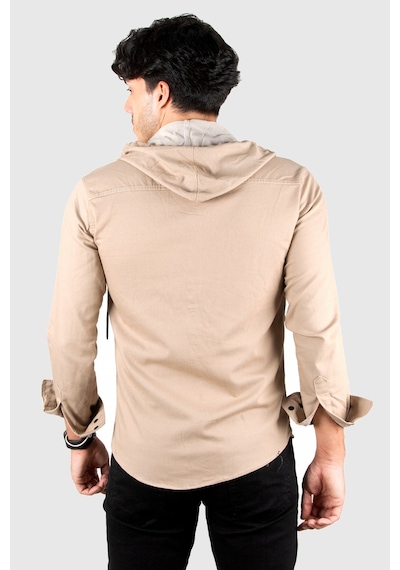 Rizzup Bej Kapüşonlu Likralı Kot Gömlek Slim Fit Çıt Çıt Kapamalı Erkek Gömlek 2300396