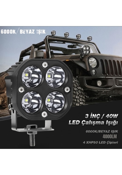 3 İnç Off Road Led Çalışma Işığı 40w 4000 Lümen Kare Sis Farı Xhp50 Çipli Takım 2 Adet