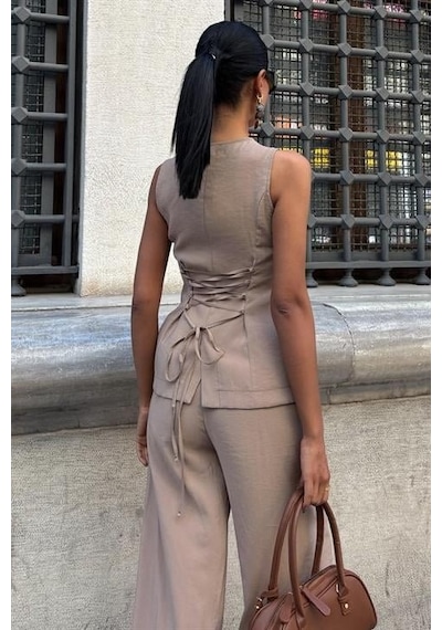 Moderie Butik Arkası Bağcıklı Yelek Plazza Pantolon Modal Takım 10202-08 Vi Zon