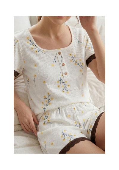 Fit Women Dantel Detaylı Çiçek Baskılı Şortlu Pijama Takımı 4584 Beyaz