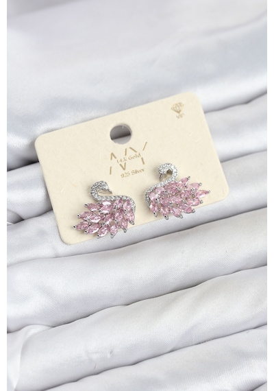 Pembe Zirkon Taşlı Gümüş Swan Kuğu Model Kadın Küpe