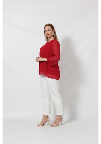 Moda Berray 3243 Kolu Taş Baskılı Şık Bluz Kırmızı 001