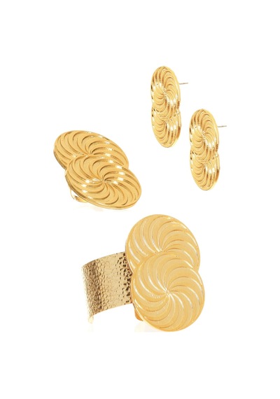 Kadın Lak Altın Renk Kaplama Spiral Baskılı Tasarım Küpe &yüzük &bilekik Set Altın