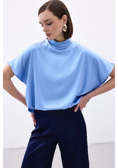 Sateen Yarasa Kol Salaş Bluz - Bebe Mavi-136539 Bebe Mavi