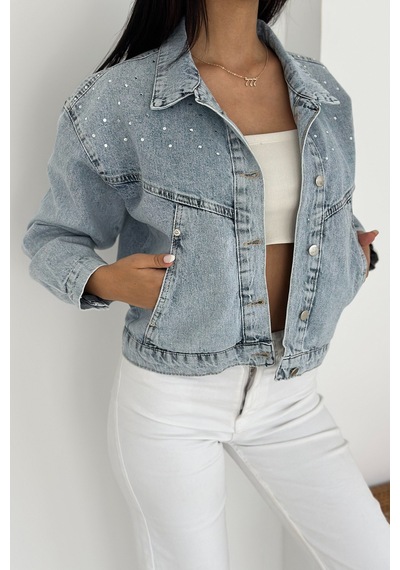 Kadın Taş Detaylı Denim Ceket Astarsız & Cool Model Mavi