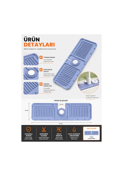 Silikon Lavabo Musluk Altı Matı Drenaj Kanallı Tezgah Koruyucu Ve Düzenleyici Mutfak & Banyo Lavabo Matı Çok Renkli