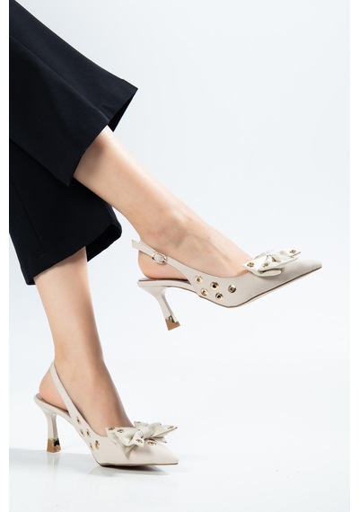 Kadın İnce Topuklu Stiletto Bej Saten Fiyonklu-4691 Bej