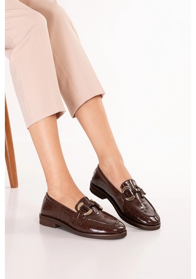 Gondol Kadın Hakiki Deri Tokalı Loafer Ayakkabı Crm.181 Kahve Croco