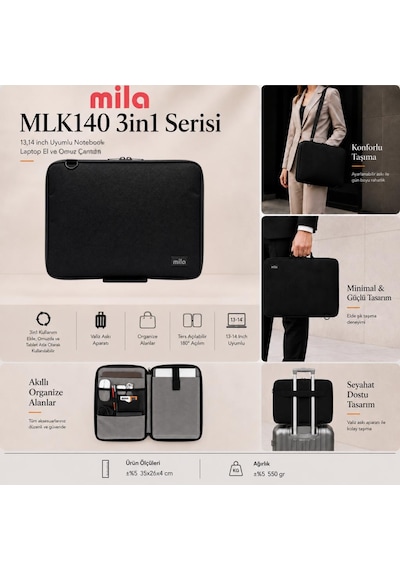Mila 3in1 Serisi Mlk140 13,14 İnch Uyumlu Tablet, Laptop El Ve Omuz Çantası - Siyah