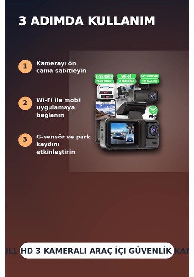 1080p Full Hd 3 Kameralı Wi-fi Destekli Araç İçi Yol Kayıt Kamerası 170 Derece Geniş Açı