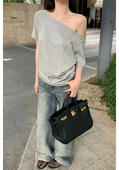 Cool Tarz Gri Kadın Düşük Omuz Kayık Yaka Oversize T-shirt Gri Gri
