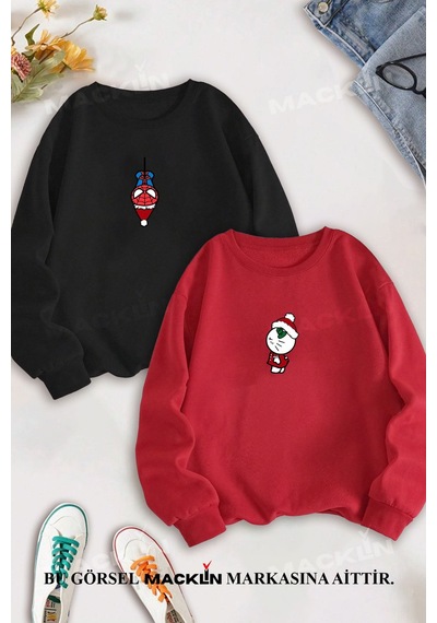 Macklin Sevgili Çift Kombin Spiderman Hello Kitty Yeni Yıl Baskılı Bisiklet Yaka Sweatshirt 2li Set Takım Siyah Kırmızı Mck1579 Çok Renkli