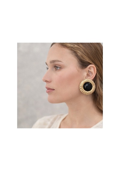 Lunarie Vintage Burgu Çerçeve Renkli Taşlı Düğme Küpe Siyah