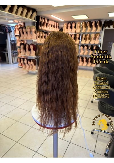 Afro Dalgası Peruk Fiber Sentetik Koyu Kumral Karamel Ombre
