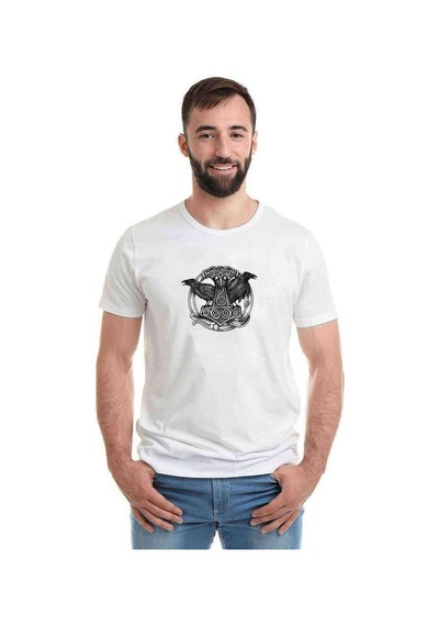 Viking Mitolojisi Odin Raven Baskılı Beyaz Erkek Tshirt