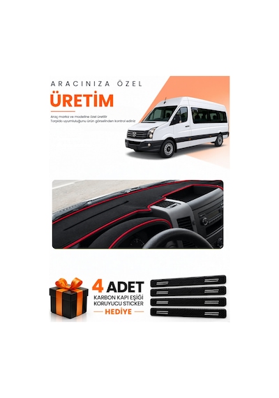 Volkswagen Crafter 2006-2014 Uyumlu Torpido Koruma Örtüsü Oto Kılıfı - Siyah Kırmızı