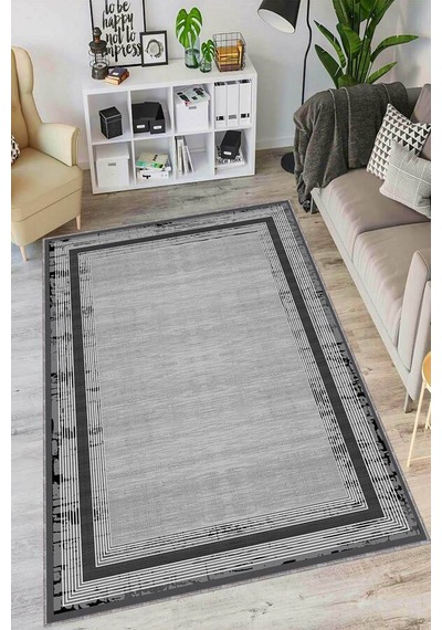 Koyu Gri Kaymaz Tabanlı Çerçeveli Salon Halısı Ar1422n11