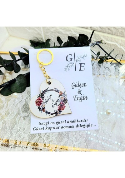 Ahşap Kalp Anahtarlık Uv Baskılı Kart Üzeri Çiçek Süslem 20 Adet