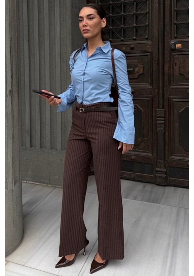 Madmext Kahverengi Çizgili Geniş Paça Normal Bel Kemerli Pantolon Mg2735 Kahverengi
