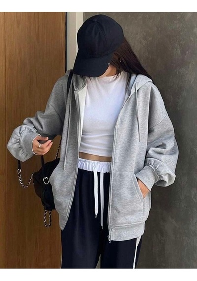 Harmandar Baskısız Kadın Gri Cepli Kapüşonlu Fermuarlı Sweatshirt Hırka Grihirka