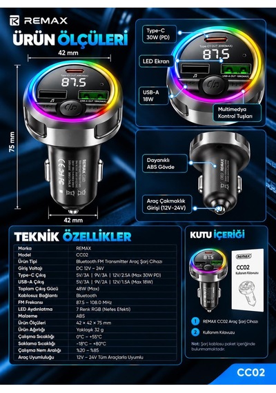 48w Rgb Işıklı Fm Transmitterli Araç Şarj Cihazı S