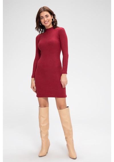 Moda Dua Kadın Bordo Kaşkorse Balıkçı Yaka Uzun Kollu Bodycon Mini Elbise