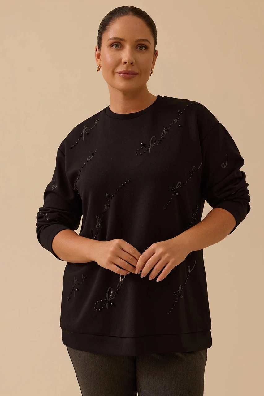Galaxi Kadın Büyük Beden Nakış Detaylı Boncuklu Sweatshirt 4005 Siyah Siyah