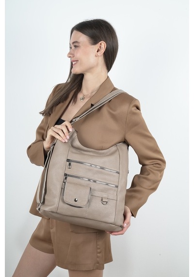 Vizon Kadın Çıtçıt Detaylı Çok Bölmeli Omuz Ve Sırt Çantası-Vizon
