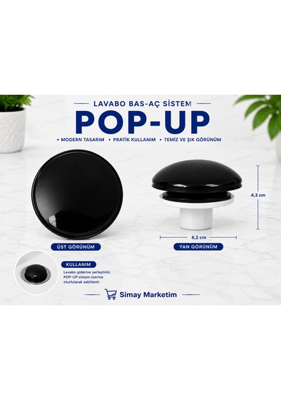Seramik Kaplama Lavabo Gider Süzgeci Bas Aç Pop-up Sistem Taşma Yüzüklü Dayanıklı Tasarım Siyah