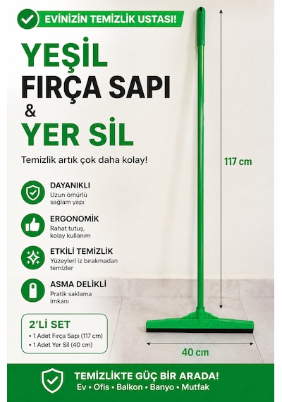 117 Cm Uzayan Saplı Yer Sil Seti 40 Cm Kauçuk Çekçek Balkon Banyo Teras Su Çekme Aparatı