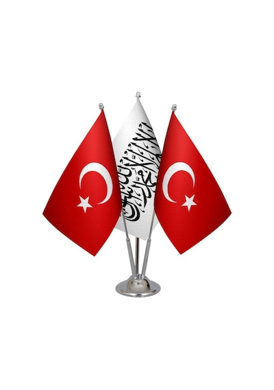 Masa Üstü Afganistan Bayrağı Türk Bayrağı Üçlü Krom Direk Masa Ba