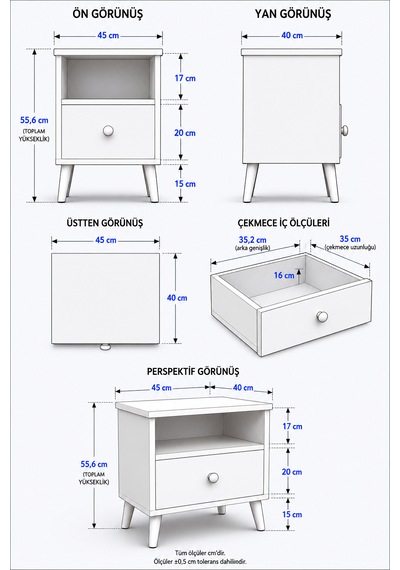 Yatak Odası Komodin Beyaz Çekmeceli Minimalist Basic Ayaklı
