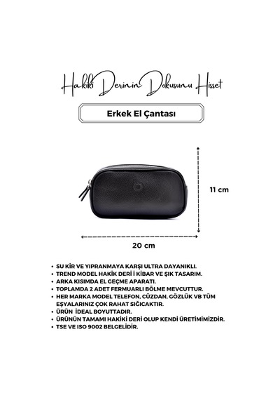 Empiero Siyah Hakiki Deri Çift Fermuarlı El Çantası El Geçmeli Siyah