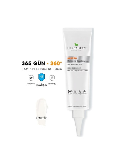 Herbaderm Aknpro Yağlı ve Akneye Meyilli Ciltler İçin Nemlendirici Güneş Kremi SPF50+ Şeffaf 40 ML