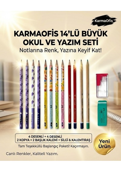14 Lü Yazım Seti Set 8 Renkli Kalem Seti, Silgi + Kalemtıraş, Okul & Ofis İçin Çok Renkli